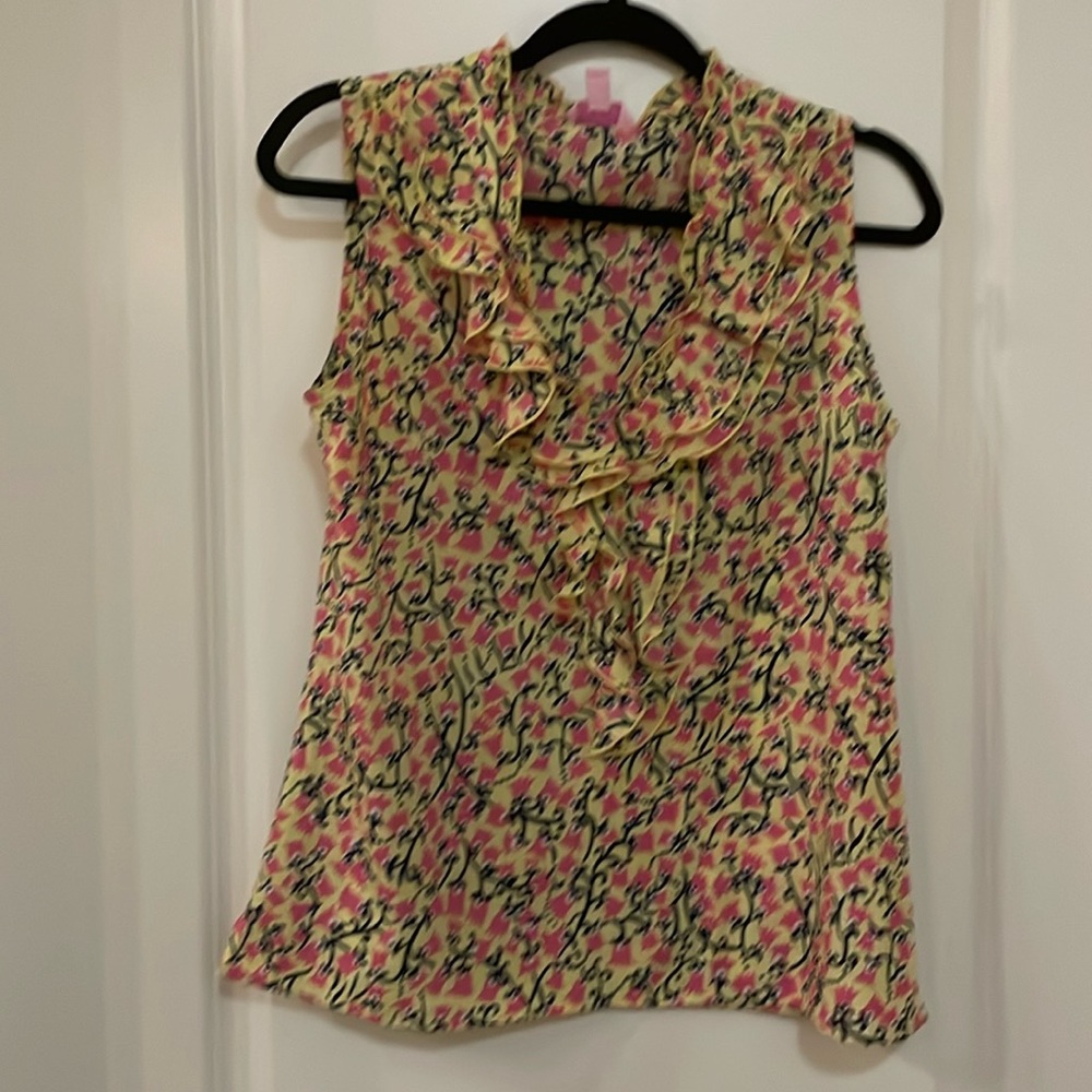 Lilly Pulitzer small pink and yellow floral sleeveless shirt ruffle collar